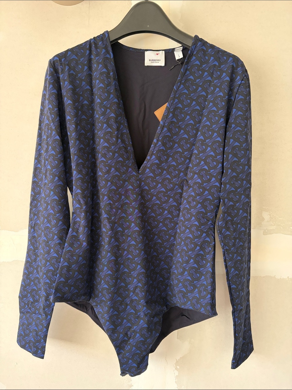 NWT Burberry Lollybc TB Monogram V‑Neck Long Sleeve Bodysuit size Large